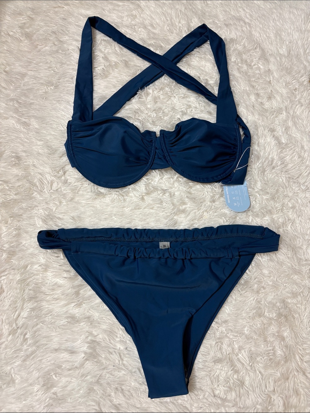 NWT Hilinker Dark Blue 2 Piece Underwire Cross Back Ruched Swim Set XXL